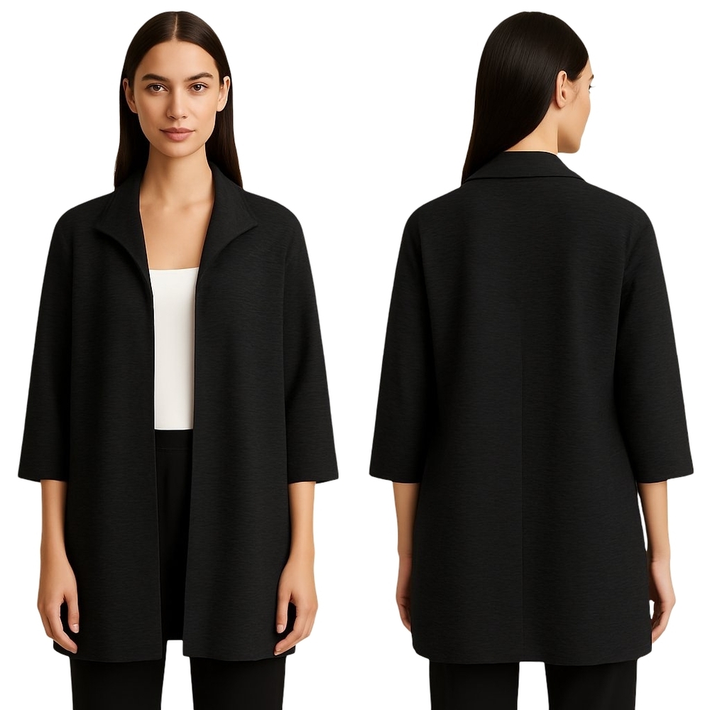 EILEEN FISHER Womens XS Black Textured Jacket Open Front Minimalist Quiet Luxury